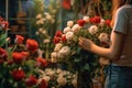 A woman collects a bouquet in a flower shop. Generative AI technology