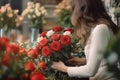 A woman collects a bouquet in a flower shop. Generative AI technology