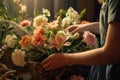 A woman collects a bouquet in a flower shop. Generative AI technology