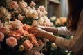 A woman collects a bouquet in a flower shop. Generative AI technology