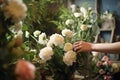 A woman collects a bouquet in a flower shop. Generative AI technology