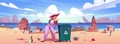 Woman collects trash to garbage bin on sea beach Royalty Free Stock Photo