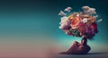 Woman with colorful cloud and flowers, mind of freedom, positive optimistic attitude, hope and emotion concept, mental health