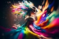 Woman in colorful dress with feathers on her head and hair blowing in the wind. Generative AI Royalty Free Stock Photo