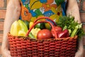 A woman in a colorful dress holds with her two hands at the bottom a red wicker basket full of vegetables Royalty Free Stock Photo