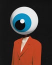 Woman in colorful red jacked headed with giant eye over black background. No emotions and feelings. Apathy. Contemporary