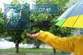 Woman with colorful umbrella on rainy day and weather forecast widgets, closeup. Mobile application