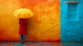 Woman with Colorful Umbrella on Vibrant Street. Generative ai