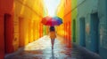 Woman with Colorful Umbrella on Vibrant Street. Generative ai