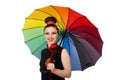 The woman with colourful umbrella isolated on white Royalty Free Stock Photo