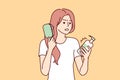 Woman combing hair out of frustration reads composition of cosmetic product. Vector image