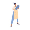 Woman combining roles of mother with baby, housewife in apron and businesswoman. Concept of multitasking women life with