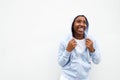 Woman in comfortable hoodie looking up