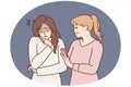 Woman comforting girl friend is sad and stressed after bullying or toxic relationship. Vector image