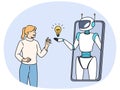 Woman communicates with AI chat bots on phone through application and uses artificial intelligence