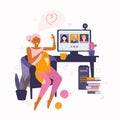 Woman communicates with friends and relatives through online video communication. Spending time at home. Desktop computer with