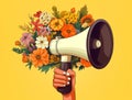 Woman communication message hand announce loud loudspeaker bullhorn flowers yellow day megaphone