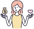 Woman comparing love and money Simple Illustration