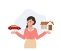 A woman comparing to buy a house or a car. Make decision Choice between house and car. Vector illustration