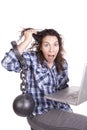 Woman computer chain frazzled Royalty Free Stock Photo