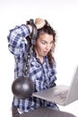 Woman computer chain frustrated. Royalty Free Stock Photo