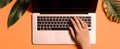 orange palm keyboard simplicity hand laptop business office computer background leaf. Generative AI.