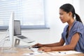 Woman, computer and planning a proposal, office and online research or internet connection. Black female person, typing Royalty Free Stock Photo