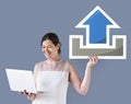 Woman holding an upload icon and a laptop Royalty Free Stock Photo