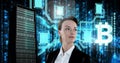 Woman with computer server and bitcoin technology information interface Royalty Free Stock Photo