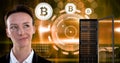 Woman with computer server and bitcoin technology information interface Royalty Free Stock Photo