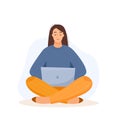 Woman with computer sitting. Freelance girl with laptop studying. Flat style