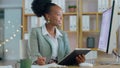 Woman, computer and writing with tablet in office, planning and thinking with smile for business strategy. African