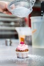 Woman in confectionary icing cupcakes with sugar