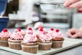 Woman in confectionary icing cupcakes with sugar