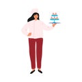 Woman confectioner or baker in apron holding tray with cupcakes vector illustration