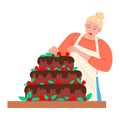 Woman confectioner or baker decorating cake with fresh strawberries vector illustration