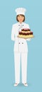 Woman confectioner character standing in uniform with a gorgeous cake.