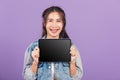 Woman confident smiling show blank screen with tablet computer Royalty Free Stock Photo