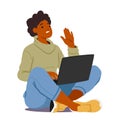Woman Confidently Halts With A Stop Gesture, Focused On Her Laptop Displaying Fake News, Cartoon Vector Illustration