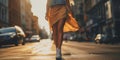 Woman confidently walking down the street with short skirt flowing in wind, concept of Feminine power, created with