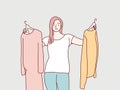 Woman confuse choosing her fashion outfit after the shopping simple korean style illustration