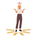 Woman confusing looking at arrows path with question mark thinking which way choose to success Royalty Free Stock Photo