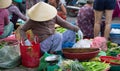 Woman in conical hat selling herbs on Vietnam market Royalty Free Stock Photo