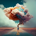 Woman connected to a huge colorful cloud, open minded, positive optimistic attitude, hope and emotion concept Royalty Free Stock Photo