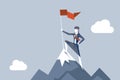 Woman conquering heights flag businesswoman conqueror female character achievement top point aoal mountain background