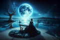 Woman contemplating at moonlight in a barren landscape