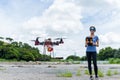 Woman control the drone flying