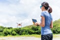 Woman controlling flying drone