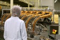 A woman controls the production process. Large biscuit factory. A line of biscuits in a large factory. Packing crackers Royalty Free Stock Photo