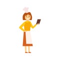 Woman Cook In Apron Looking For Recepy On Smartphone, Person Being Online All The Time Obsessed With Gadget